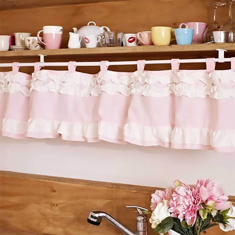 Korean Sweet Pink Lace Short Curtains for Kitchen Flounce Tab Top Half Curtains Bow Tie Window Valance Cotton Curtain #A629