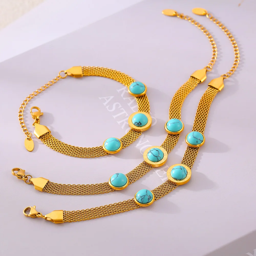 Vintage Blue Turquoise Round Pendant Bangle Women's Stainless Steel Gold Plated Thick Chain Luxury Bracelet Jewelry Accessories
