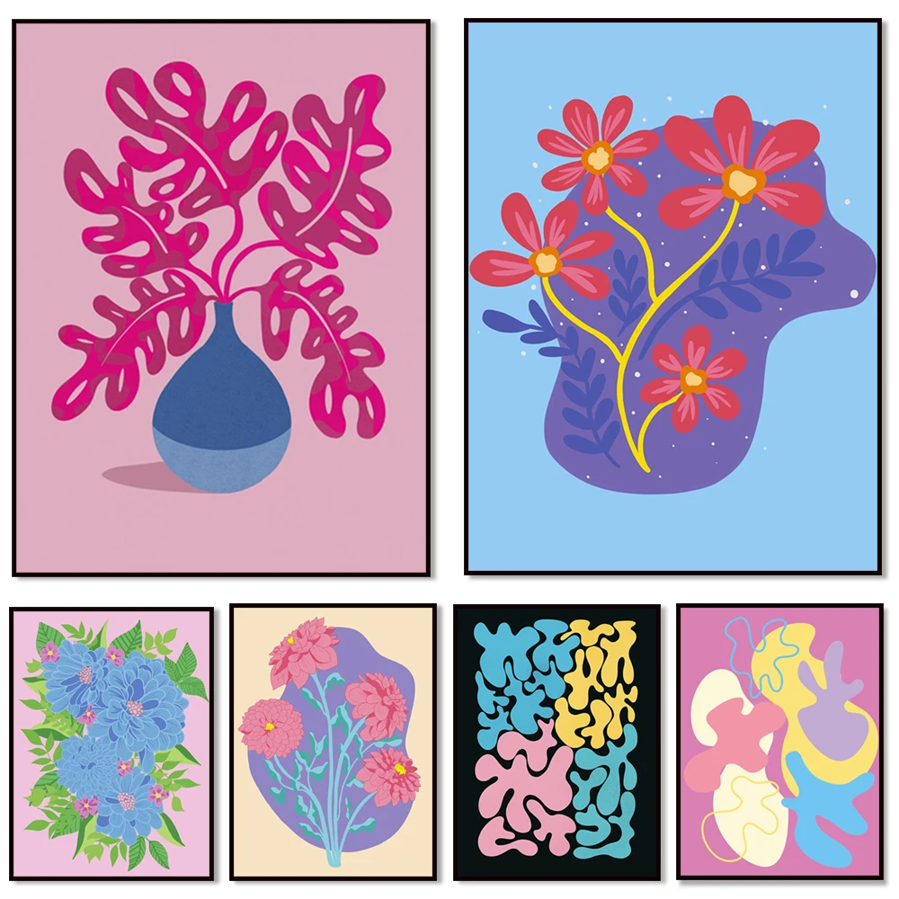 Ride the wind and waves; hello spring flowers, vivid colorful botanical illustration, matisse style, floral home decor poster