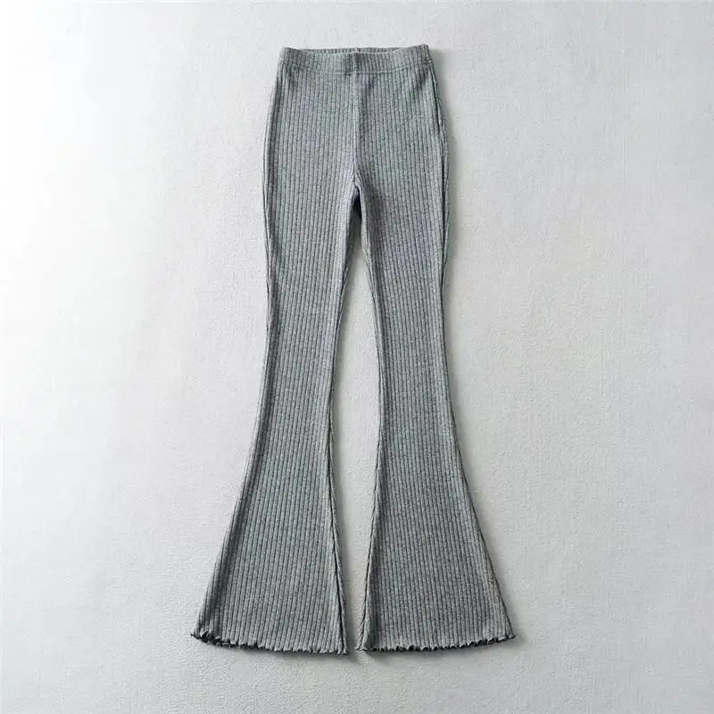 autumn/winter women's high waisted elastic tight pants American retro spicy girl solid color knitted bell bottom pants