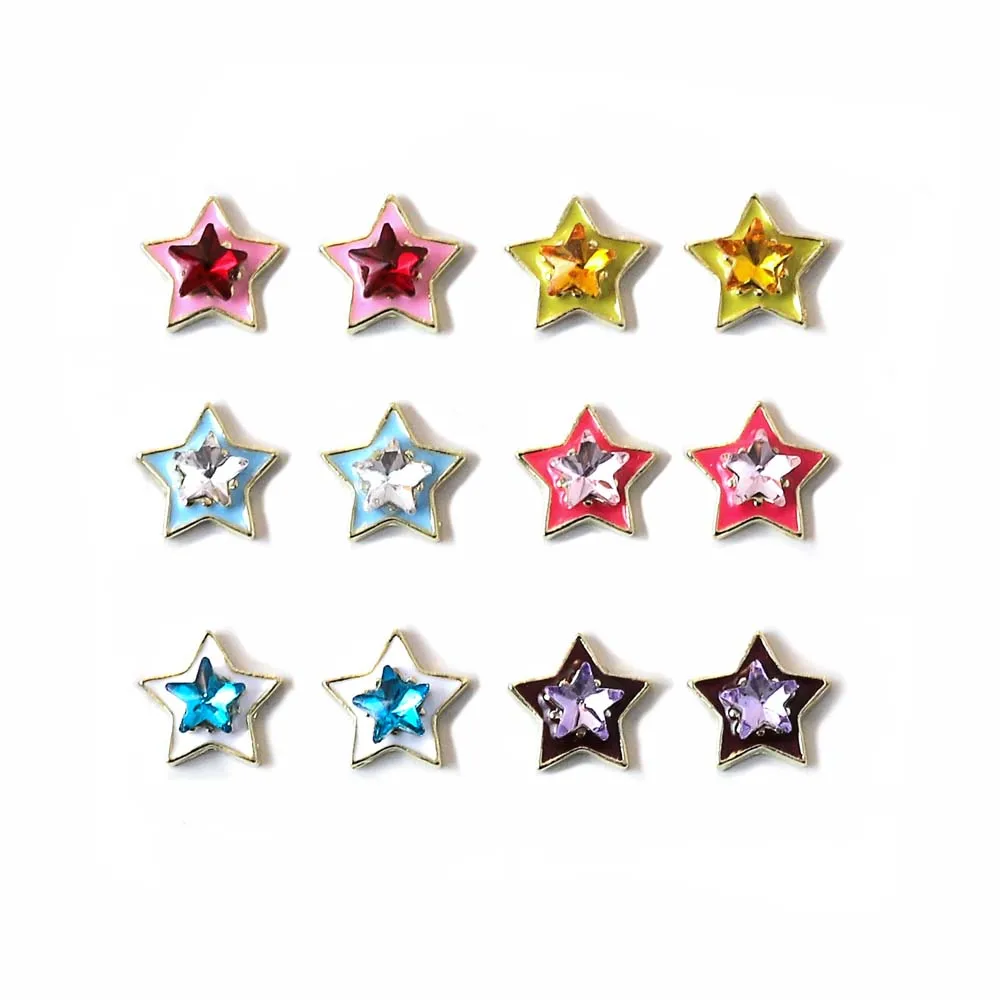 Breloques colorées en forme d'étoile pour ongles, 10 pièces, en alliage, 3D, base en métal, cristal, bijoux, design japonais, décoration