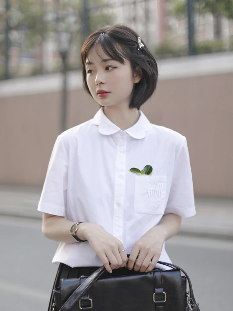 

Белая хлопковая женская блузка с воротником-стойкой и рукавами-лепестками, художественный дизайн, осенне-летний топ в студенческом стиле, прямой крой