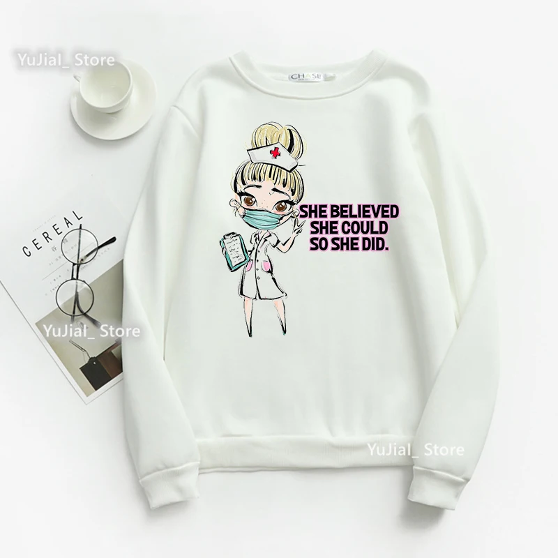 

2023 Believed She Could So She Did Nurse Graphic Print Pink Sweatshirt Women'S Clothing Harajuku Kawaii Hoody Funny Jumper