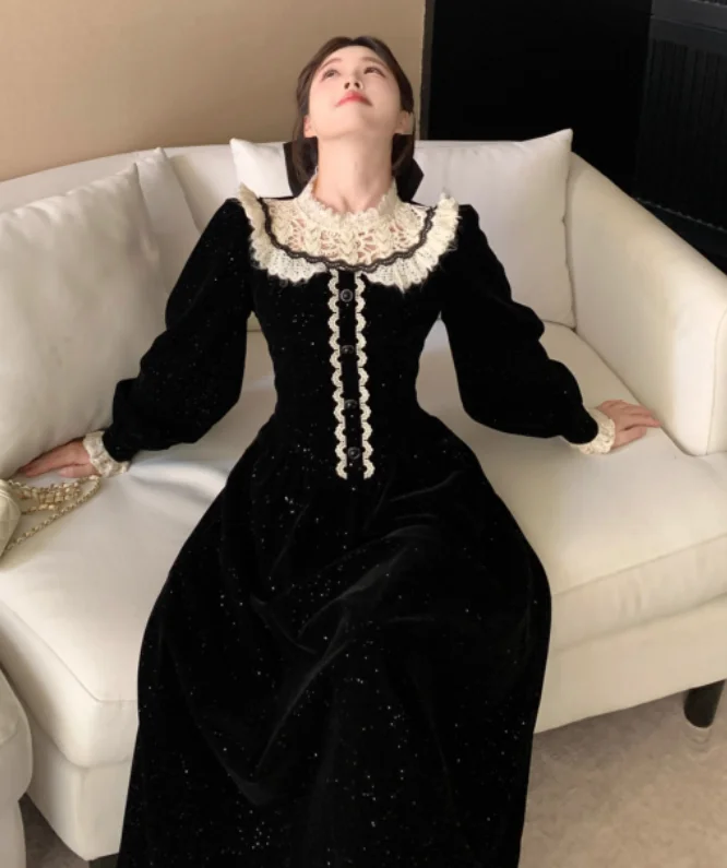 فستان نسائي للخريف والشتاء مقاس كبير أنيق من الدانتيل الفرنسي بياقة بيتر بان وأكمام طويلة على شكل حرف a فساتين حلوة عالية الخصر #3