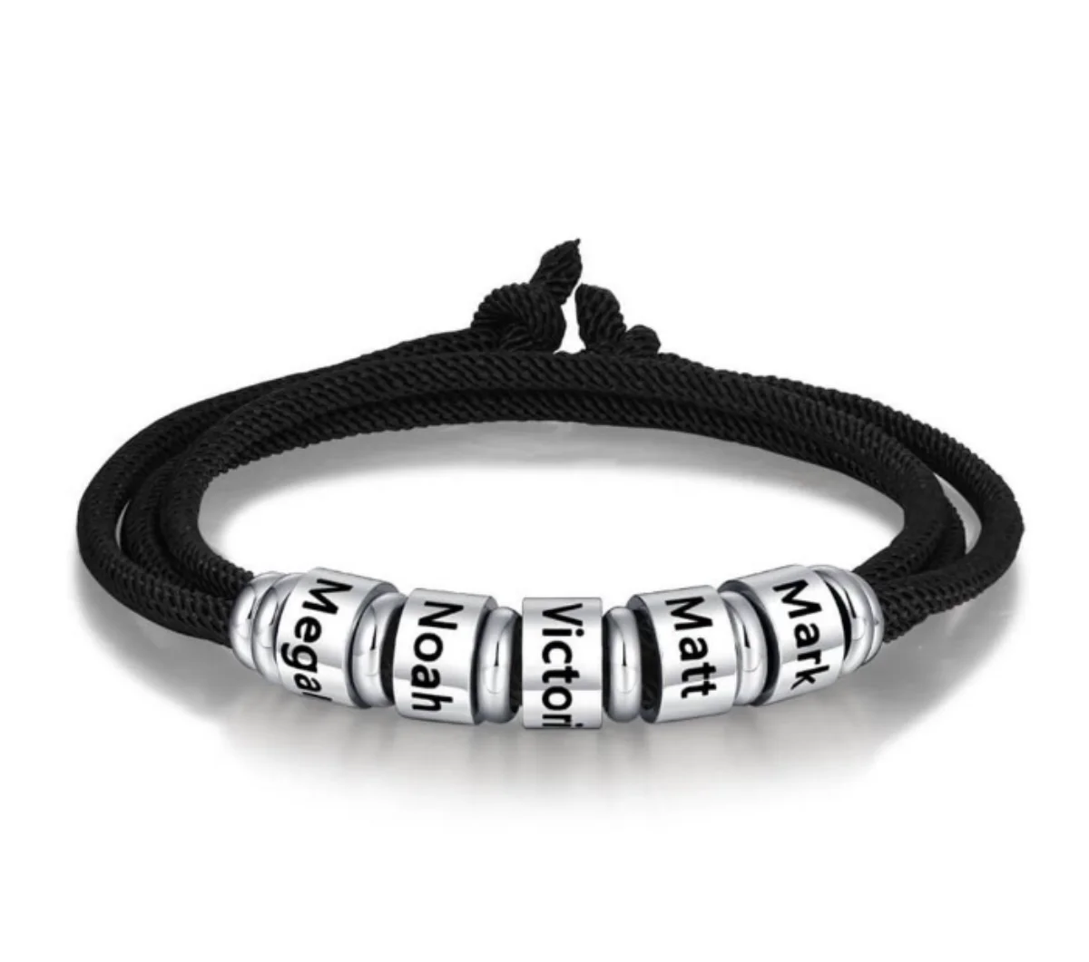 Personalized Engraved Name Beads Bracelet Stainless Steel Beads Braided Rope Bracelet Customized Multiple Names Mens Jewelry