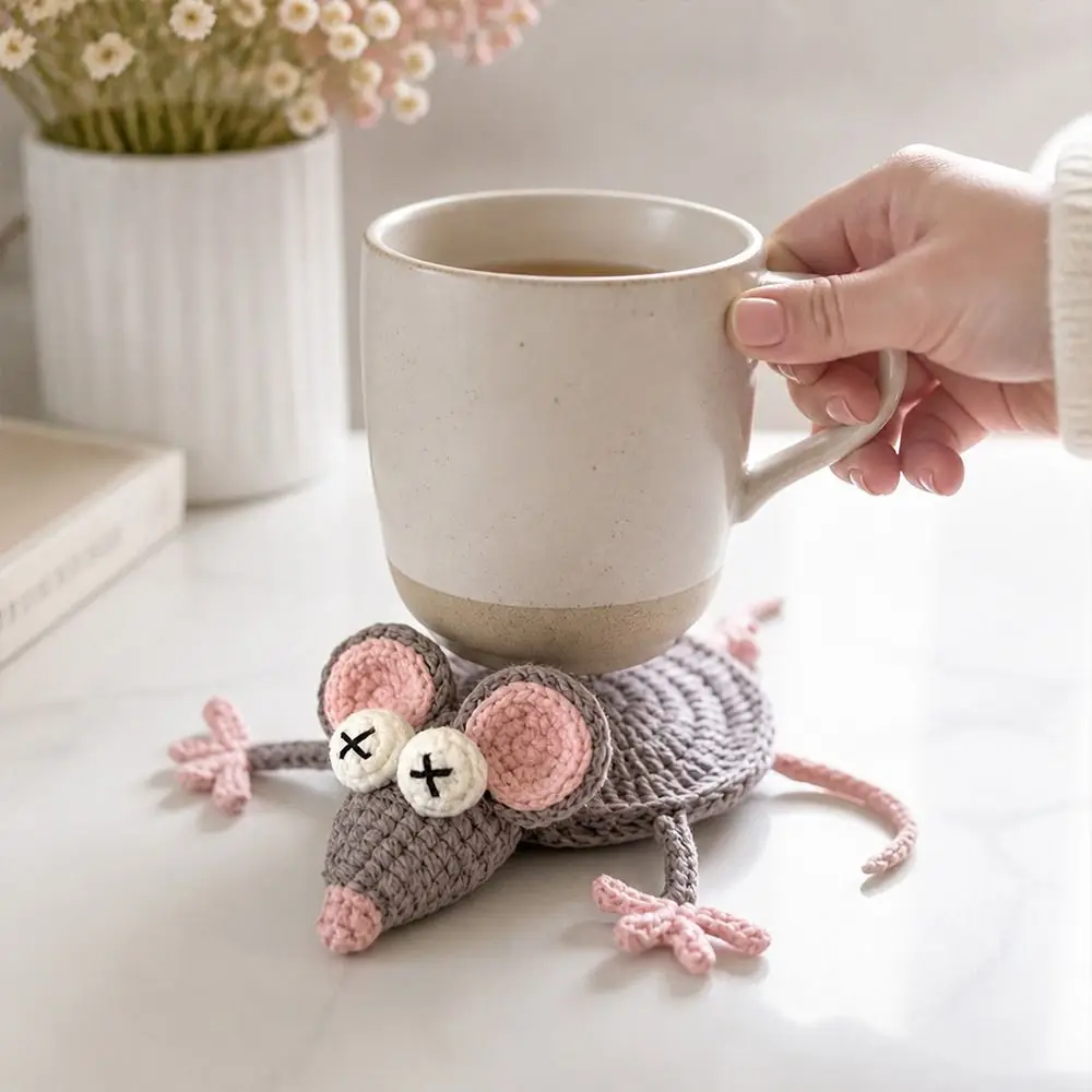 Handmade Crochet Craft Crochet Animal Coaster Soft Knitted Animal Shape Design Cute Cartoon Cup Mat Non-slip Base