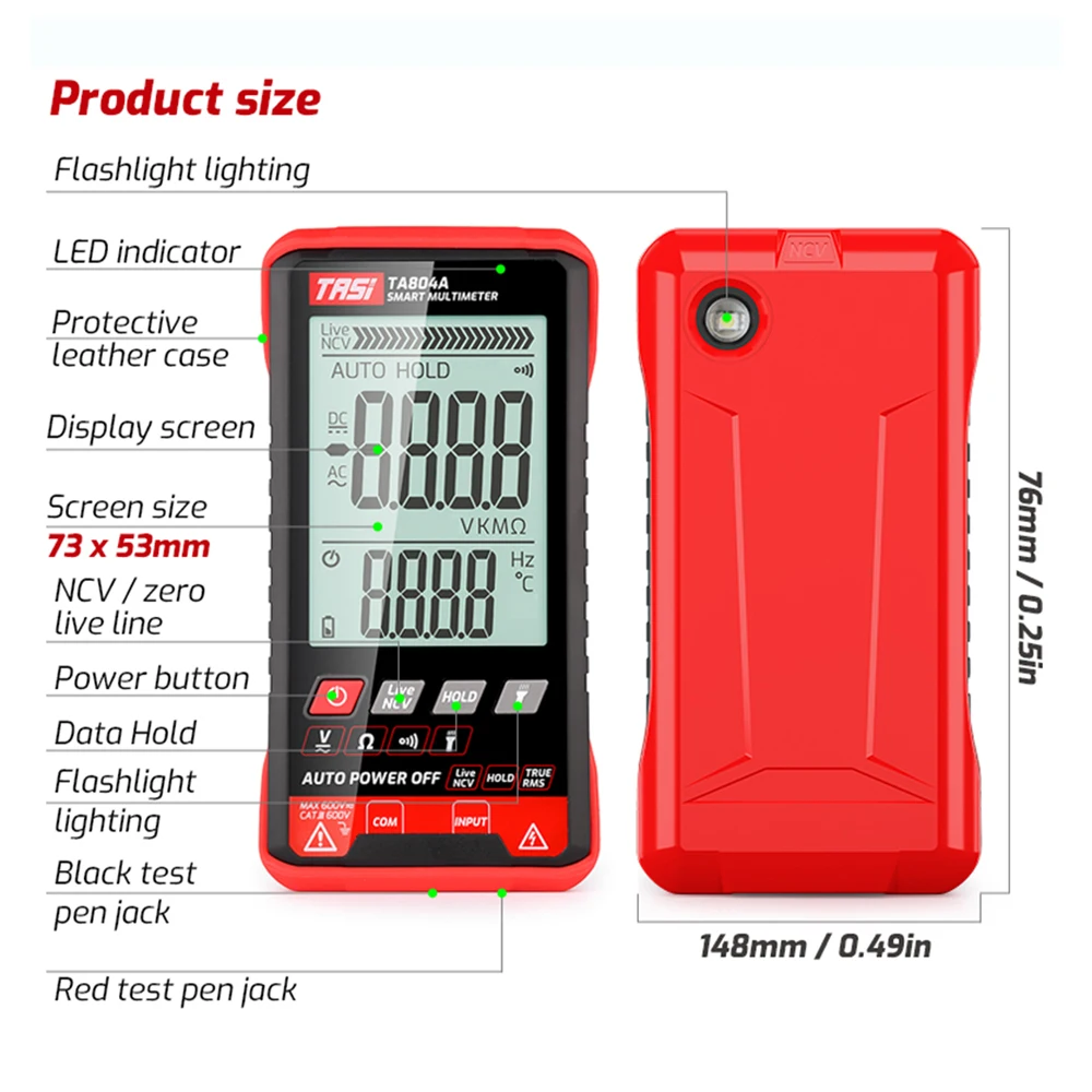 TASI TA804B Digital Multimeter Auto Tester Multimeters HD Color Screen Ultrathin Intelligent OHM NCV DC/AC Voltage Meter