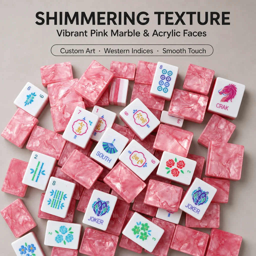 Pink Marble Acrylic American Mahjong Set Christmas Gift Luxury Shell Pattern Mah Jong Tiles with Jokers Flowers for Family Party