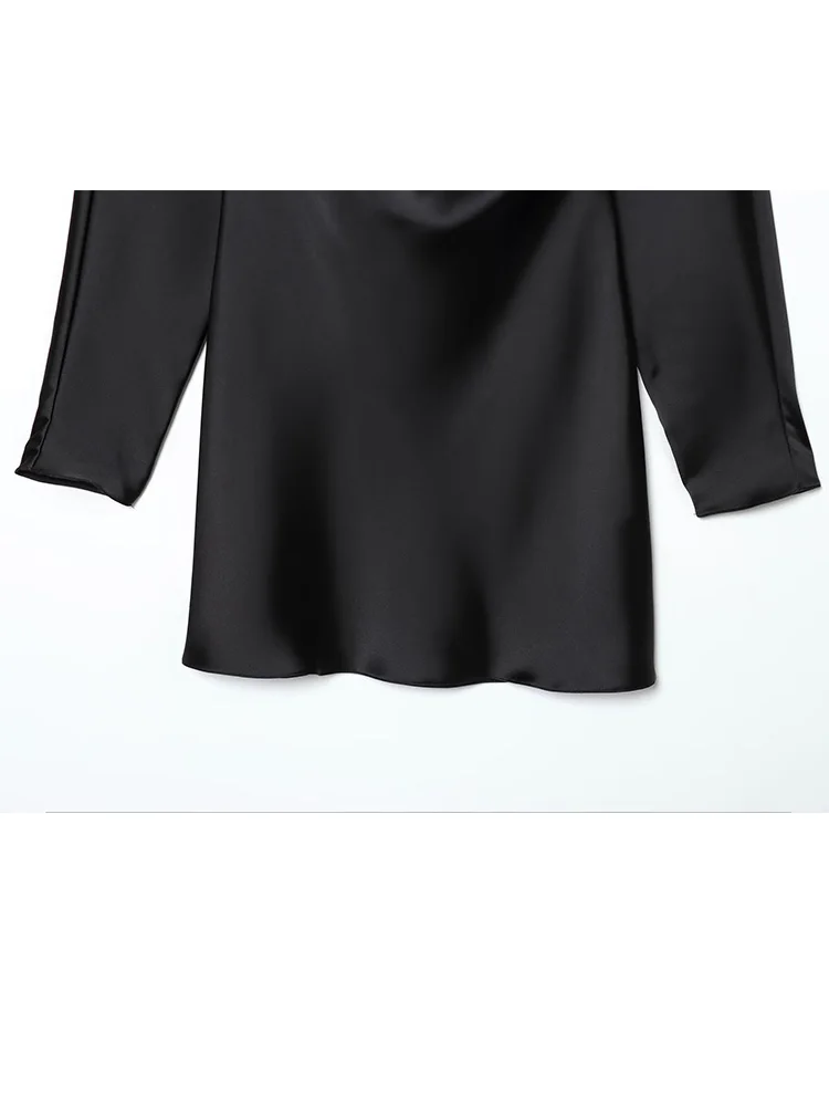 HH Mulheres Mangas Compridas Backless Vestidos Plissado Moda Feminina Lace-up Textura de Cetim Verão Gola Pendulosa Sólido Mini Vestido