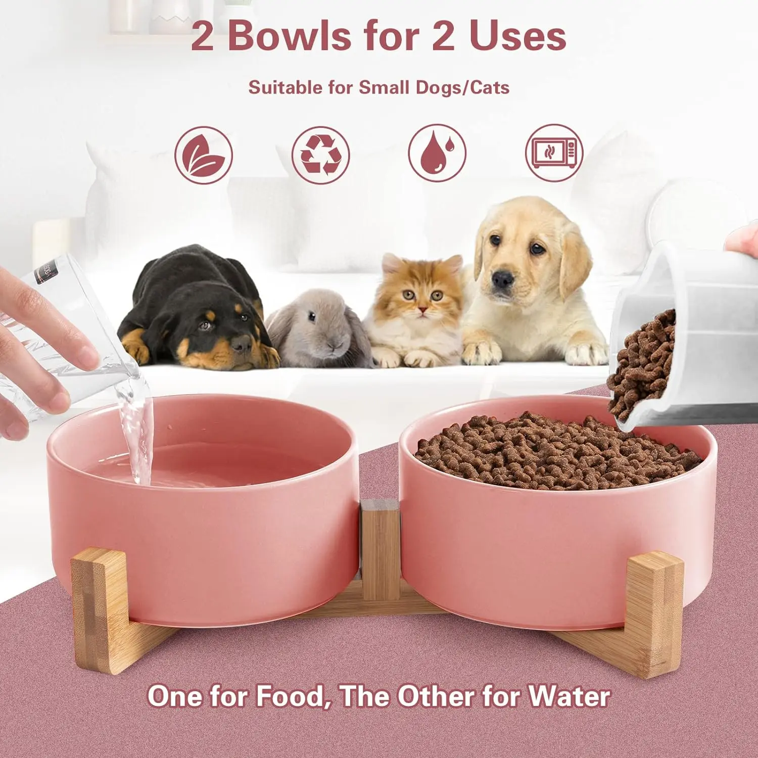 Ceramic Cat Bowls, Food and Water Puppy Bowls Set Dish With Wood Stand, No Spill Pet Ceramic Double Bowl For small Dogs & Cats