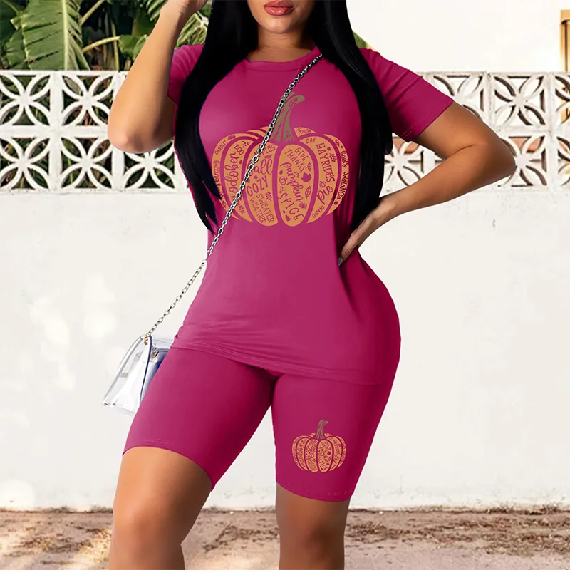 Fashion Multi Color Two-piece Set, Casual Short Sleeved T-shirt and Tight Shorts Set, Printed Women's Clothing