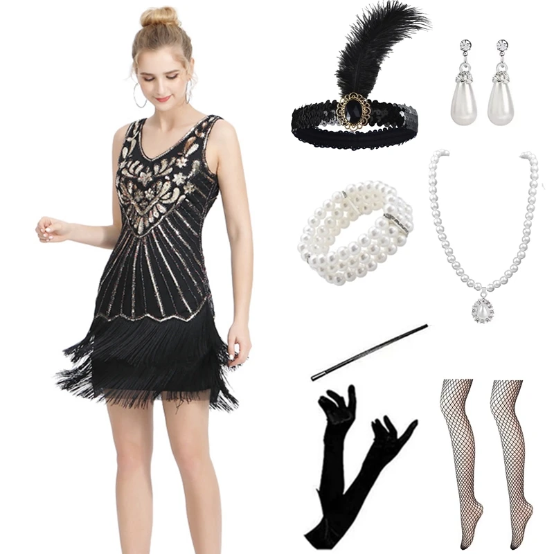 Gatsby-saia feminina com lantejoulas frisada borla, decote em v, sem mangas, banquete, terno desempenho de palco, venda quente, vestido 1920