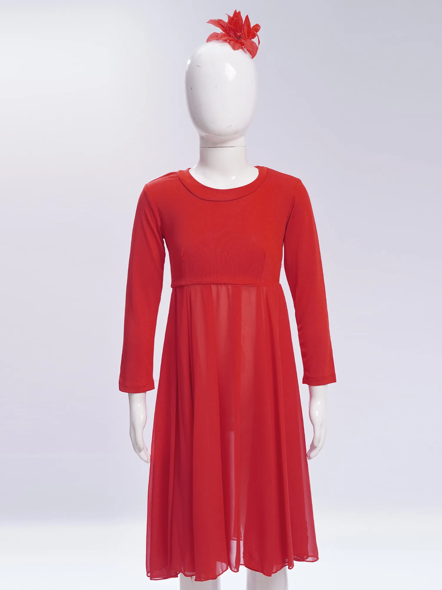 

#120-160 Kids Girls Modern Dance Stage Performance Costumes Long Sleeve Dress with Camisole Shorts Scarf And Flower Headwear Set