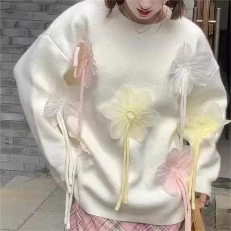 

2025 Fall/Winter New Korean Loose and Sweet Knitted Sweater Top Women's Crew Neck Bow Gentle Style Sweater Pullover