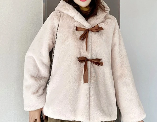 Artificial Fur Hooded Teddy Bear Ear Fur Faux Fur Rabbit Plush Coat Women's Top