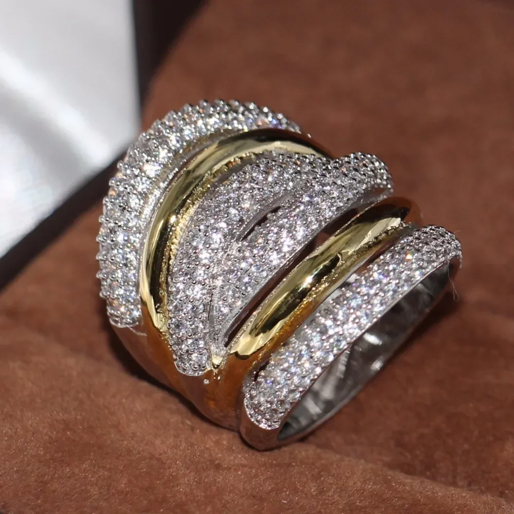 

2018 New Brand Vintage Jewelry 14KT White&Gold Filled Pave Setting CLear 5A Zirconia Party Women Wedding Band Wide Finger Ring