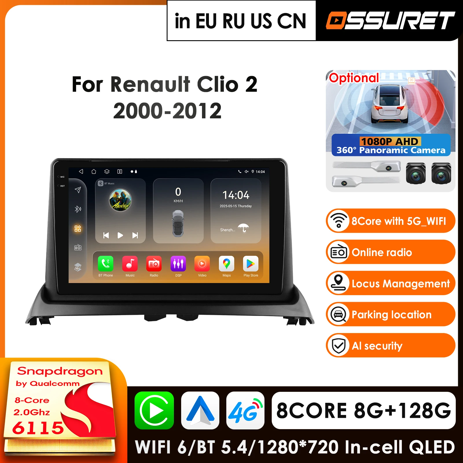 9 Inch Screen Wireless Carplay Android Auto Car Radio For Renault Clio 2 2000 - 2012 Multimedia Player 4G Autoradio 360° Camera