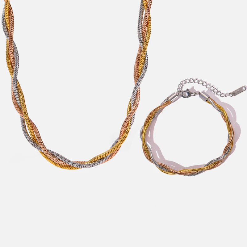 EILIECK 316L Edelstahl Einfaches Dreifarbiges Kettenarmband Halskette Mädchen Geschenk Modetrend Nicht-verblassende Schmucksets für Frauen – Detail 9