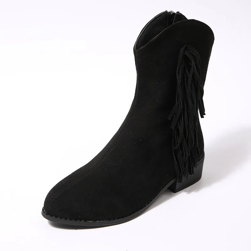 Women's Retro Fringe Suede Women's Round Toe Chunky Heel Short Boots Slimming V Cut Rain Boots for Women Wide Calf Wide Width