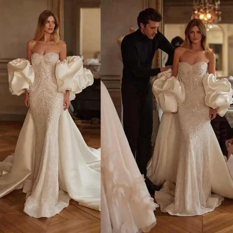 

Очаровательные свадебные платья русалки без бретелек без рукавов с бисером платье невесты изысканный жемчуг свадебное платье со шлейфом по индивидуальному заказу