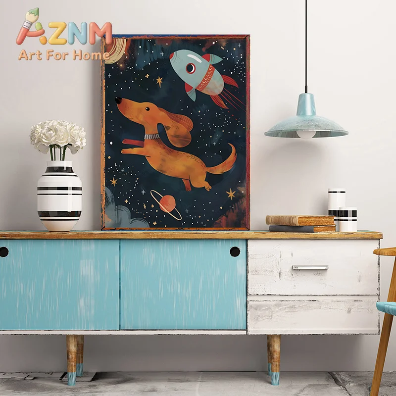 1pc frameless Canvas Painting Bohemian Style Astronaut Girl Art Poster Retro Space Rocket Canvas Painting Minimalist Print Wall