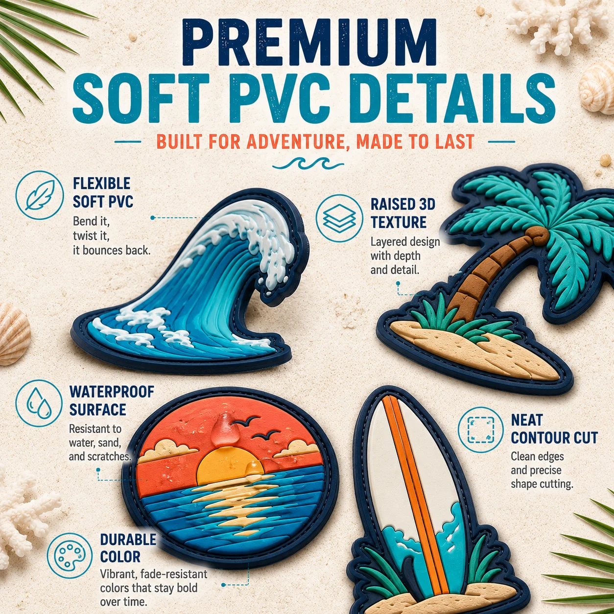 Custom Surf Coast PVC Patches Surfboard Wave Palm Tree Lighthouse Soft Rubber Hook and Loop for Bags Jackets Hats Beach Gear