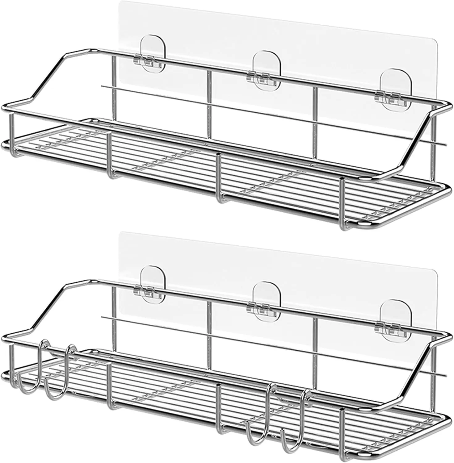 

Stainless Steel Shower Caddy with Hooks, Rustproof Adhesive Shelf Organizer for Bathroom, 2-Pack Silver