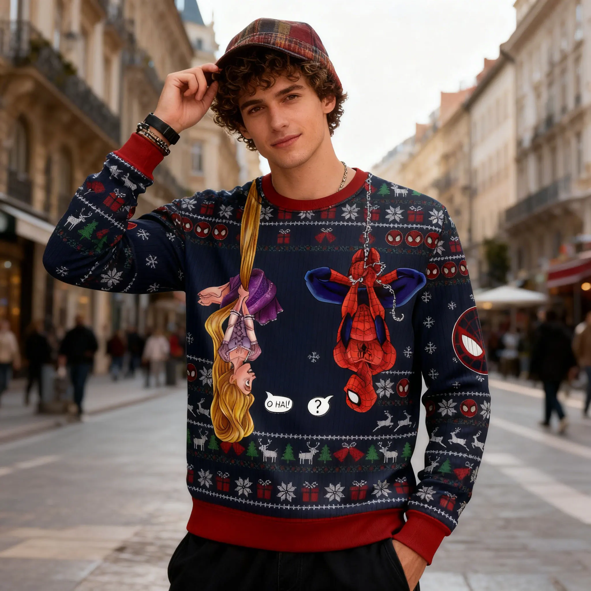 الرجل العنكبوت مارفل معلقة طويلة الشعر الأميرة متعة ومبتكرة رابونز خرافة خارقة مضحك الاتجاه عيد الميلاد سترة قبيحة