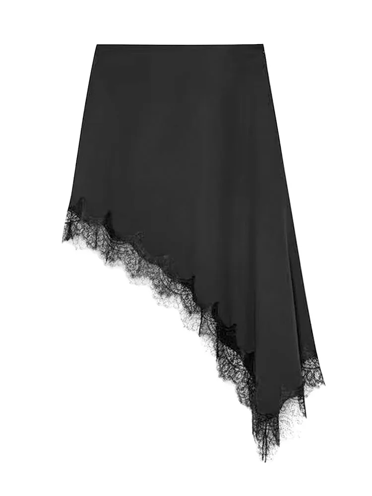 

HH Women 2025 New Fashion Simple Asymmetrical Lace Skirt Female Elegant Sexy Silk Satin Texture Mid-Waist Casual Versatile Skirt