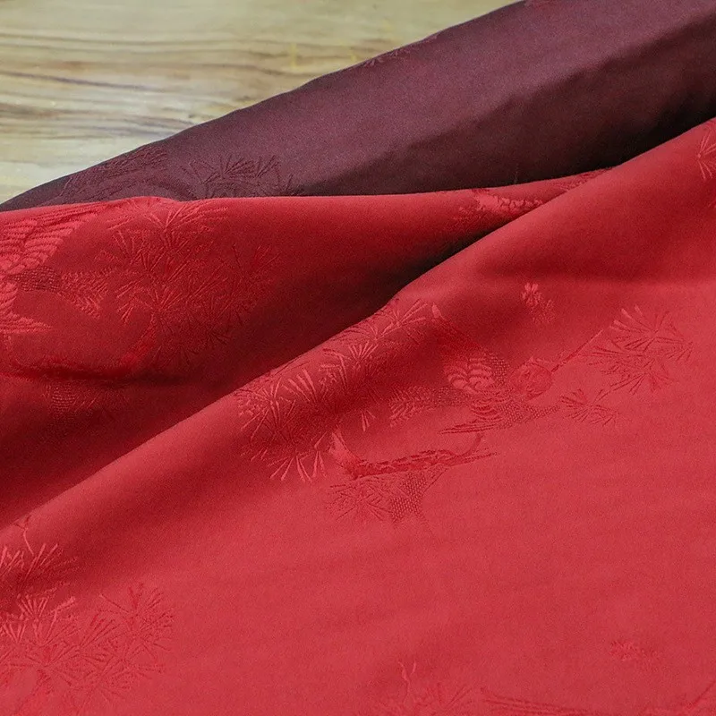 Old-textured silk jacquard satin red gauze fabric niche clothing ramie