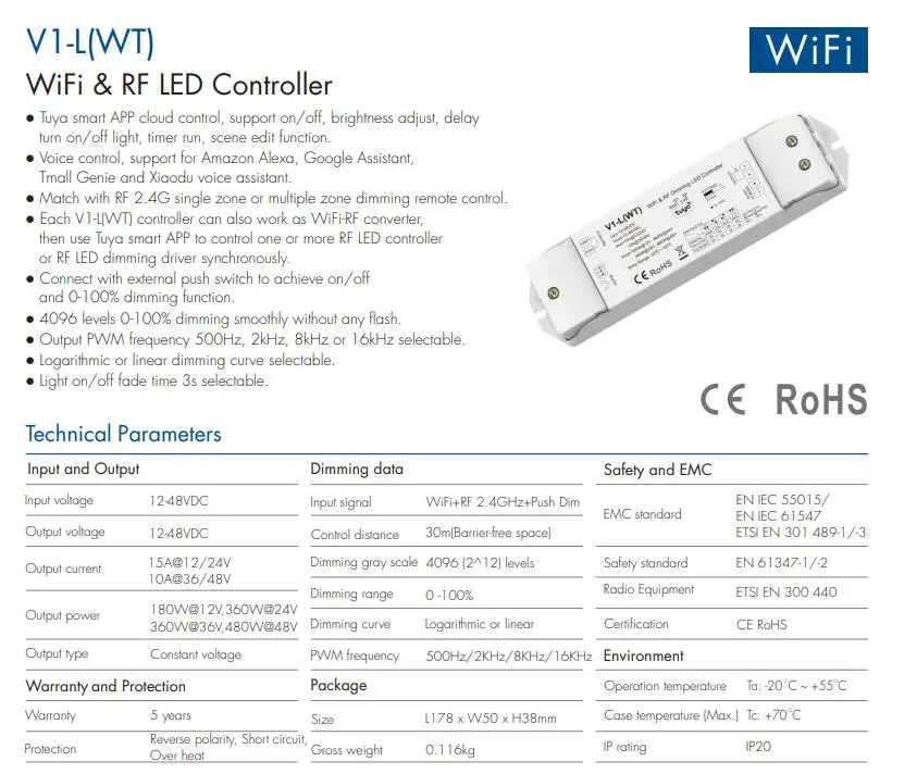 Skydance 1CH*15A 12-48VDC WiFi & RF Controller V1-L(WT) (Tuya App) Support on/off Brightness Adjust