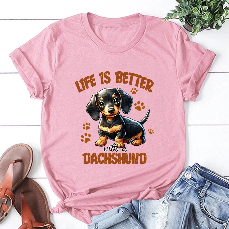 New Dog Life Is Better With A Dachshund Graphic Print T-Shirt Men Women Fashion Round Neck Loose Tee Shirt