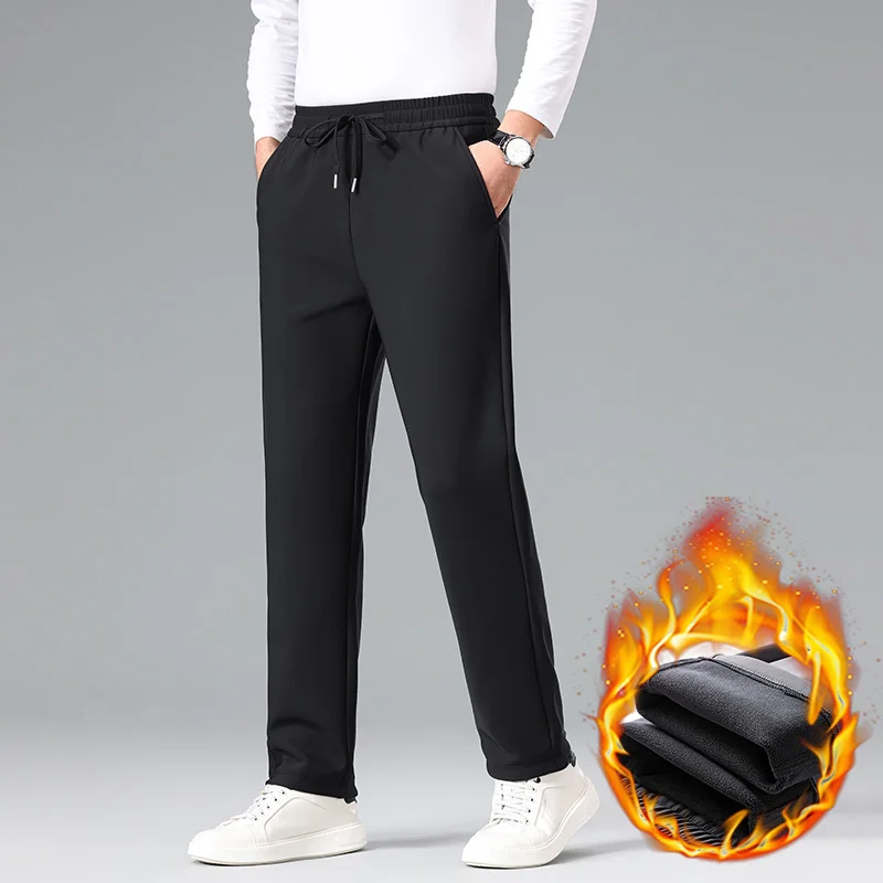 عالية الجودة الشتاء الصوف بناطيل تدفئة الرجال الرباط مرونة الخصر في الهواء الطلق الركض يتدفقون مستقيم أسود بناطيل كاجوال الذكور #3