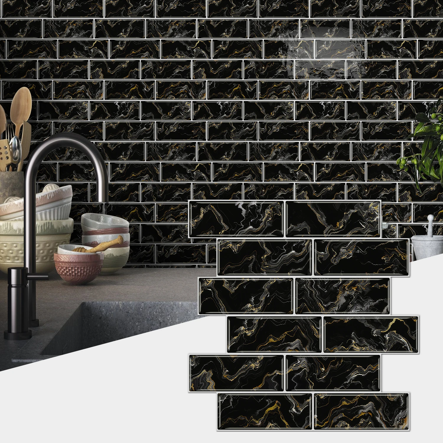 

Peel and Stick Marble Tile Stickers Self Adhesive Waterproof Wall Tiles for Kitchen Bathroom (3/6/9/12/15PCS)