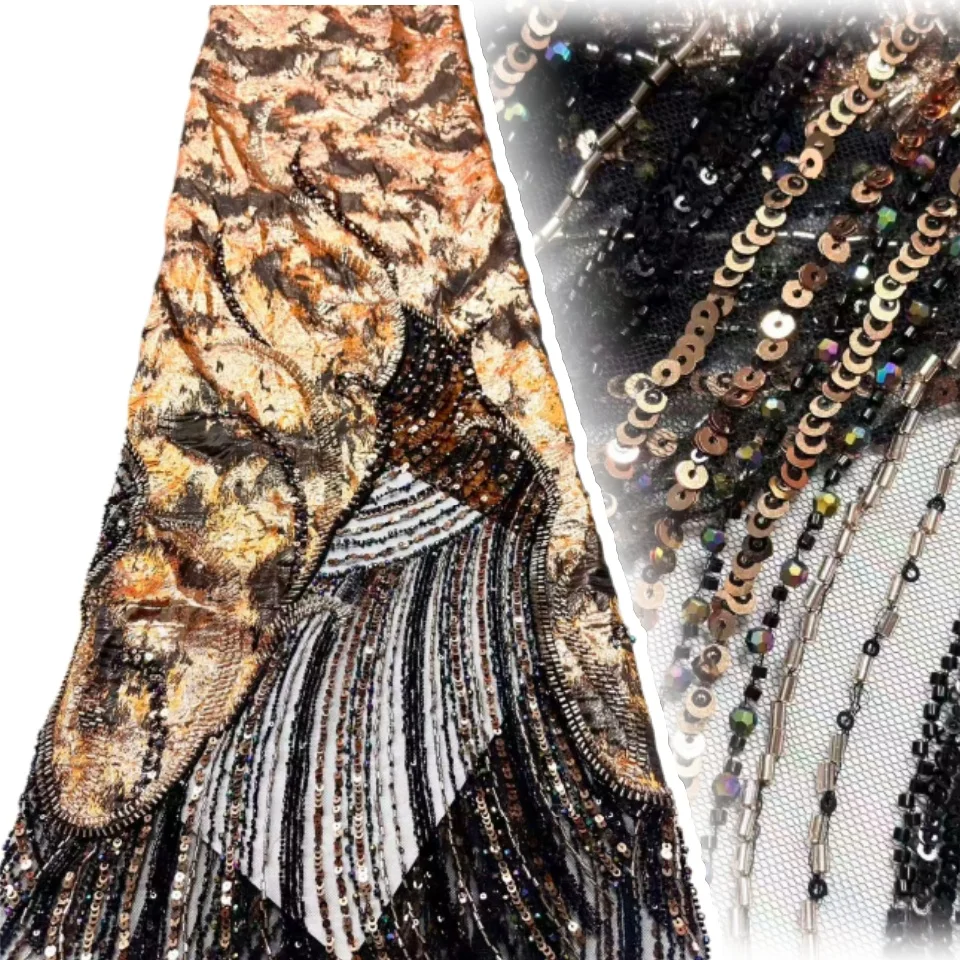 

African Luxury Gold and Black Beaded Lace Fabric High Quality Nigeria Sequins French Tulle Lace Fabric for Sewing Wedding 2033