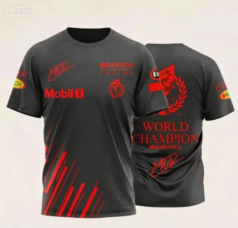 Max Verstappen Racing Theme T-shirt with World Champion Logo & Signature for Racing Fans Daily Wear