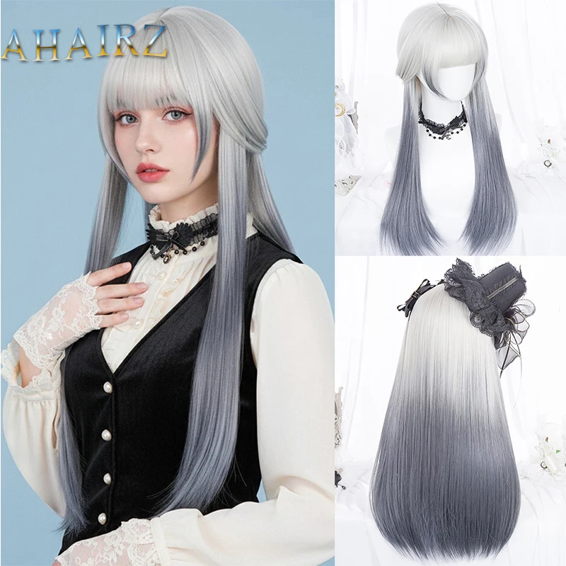 

Women's Long Straight Synthetic Gradient Purple Gray Wig with Bangs Cosplay Fake Hair for Lolita Halloween Party Wigs