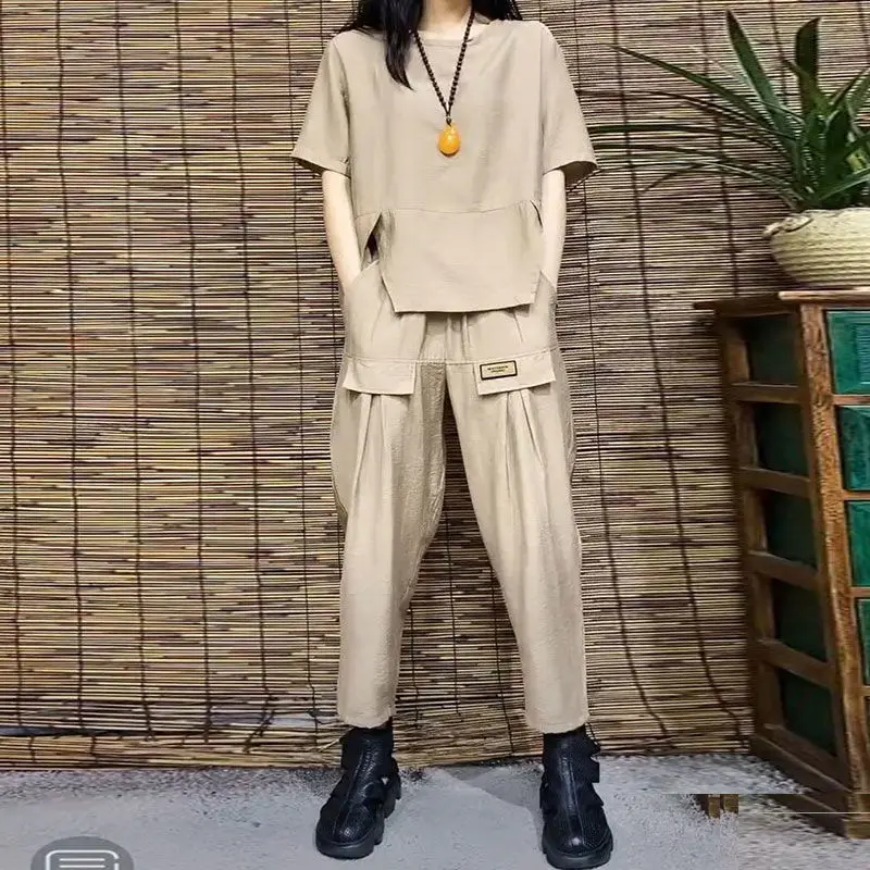 女性用半袖ラウンドネックTシャツ,ロングパンツ,無地,ポケット付き,スポーティなスタイル,夏服,新しい2023コレクション