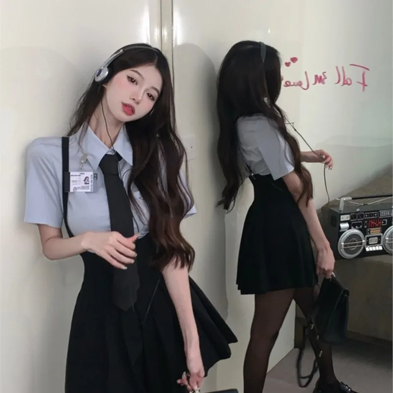 College style Blue JK uniform Girl Short sleeve shirt pleated skirt set summer slip dress set School uniform cos costume Outfits