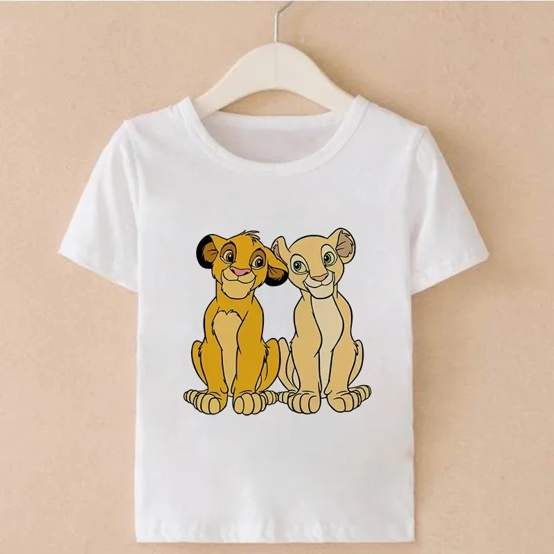 Disney 2024 Summer New Fashion The Lion King Print T-Shirt Boys Short Sleeve White Pink Purple Crew Neck Top Cute Girl Clothes