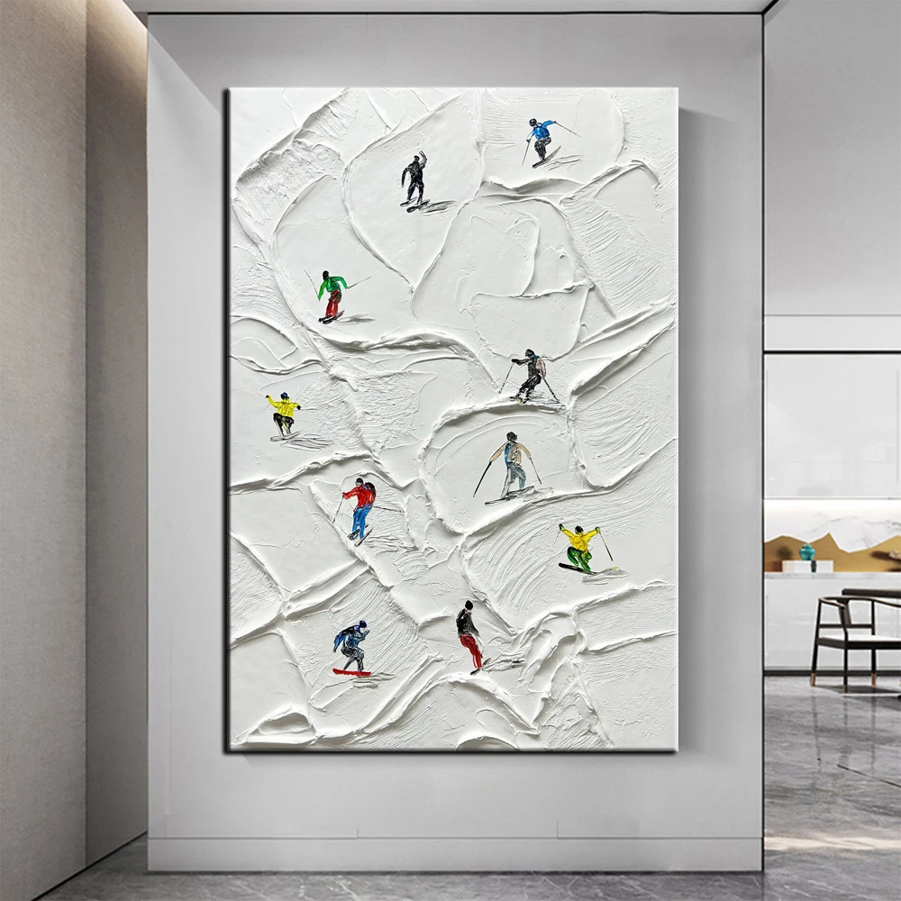 Hand Painted Oil Painting White Plaster Style Hand Skiing Art 3D Wall Decor Original Skiing Oil Painting Minimalist Modern decor