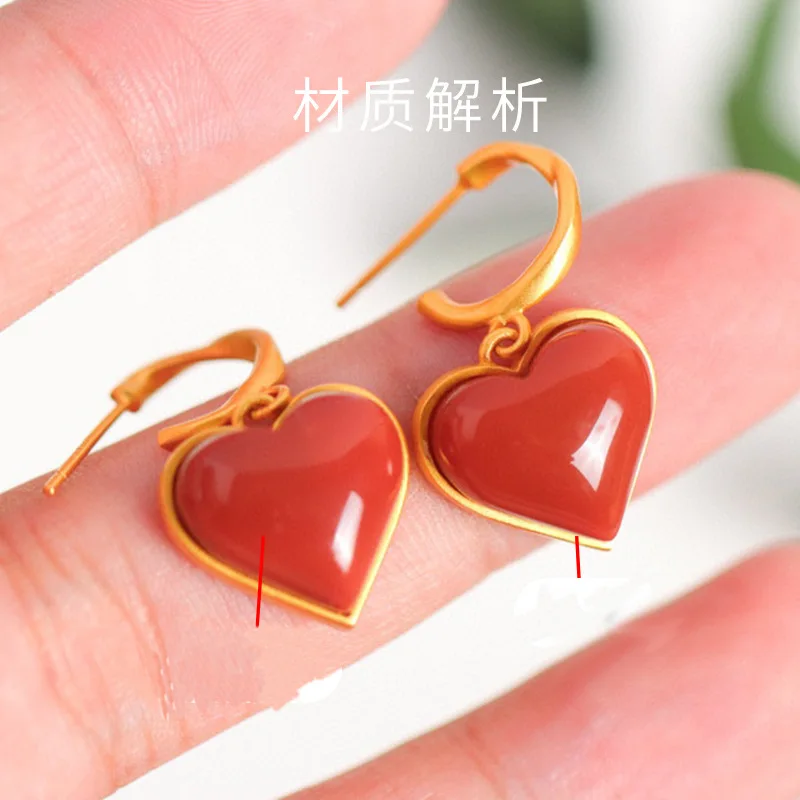 S925 sterling silver stud earrings love earrings peach heart shape natural south red agate earrings women