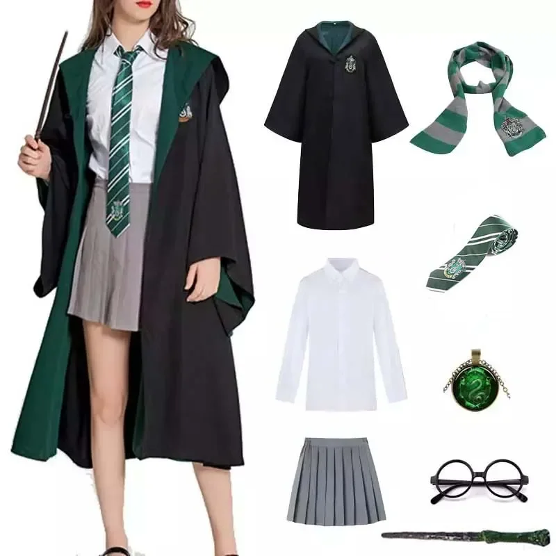 Harried พอตเตอร์เด็กหญิงเครื่องแต่งกายวันฮาโลวีน slytherinn granger ชุดคลุมโรงเรียนสีเขียวผูกสีน้ำเงินชุดคอสเพลย์