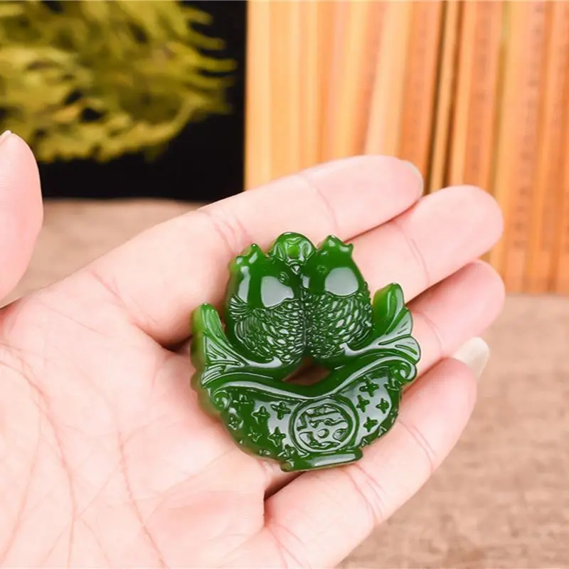 Jade Double Sided Fish Pendant with Spinach and Green Double Sided Fish Annual Surplus Jade Pendant for Men and Women, Safe