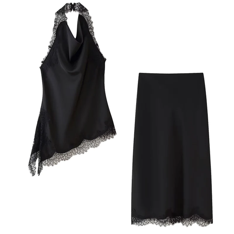 Faldas por debajo de la rodilla de satén de encaje, conjuntos de dos piezas para mujer, trajes superiores con cuello Halter de encaje, trajes elegantes de verano para mujer de 2 piezas 2025