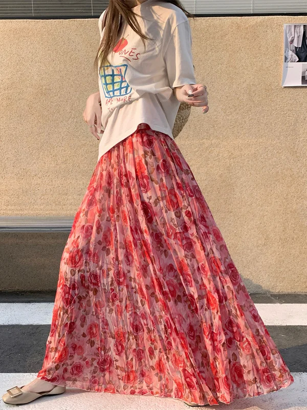 

Изумительная шифоновая юбка с цветочным принтом, женская летняя плиссированная макси-юбка А-силуэта в корейском стиле с высокой талией, создающая эффект легкого бриза