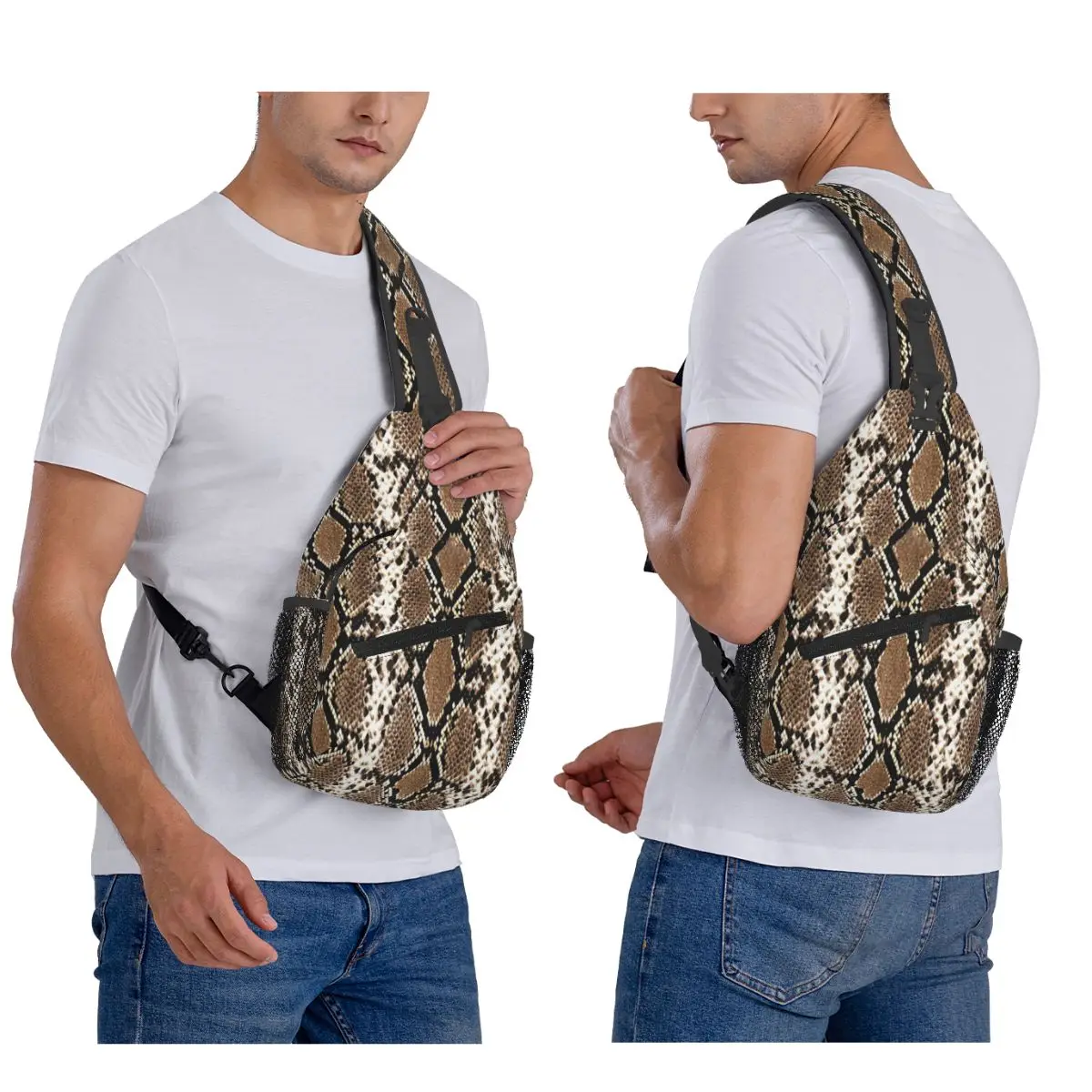 Python Skin, Snake Pattern Chest Bag Men Sling Crossbody Backpack Chest Bag Traveling Hiking Daypack Shoulder Bag