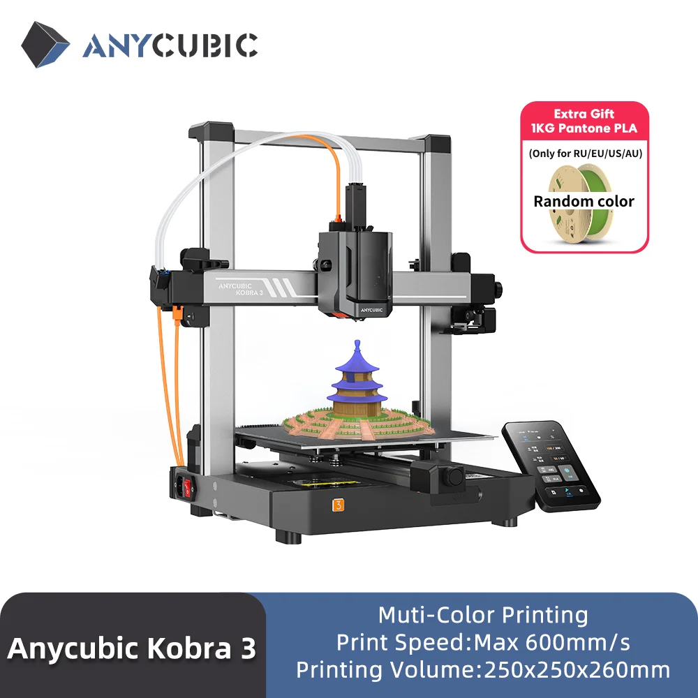 

ANYCUBIC Kobra 3 FDM Multi-Color 3D Printer Print in 4 to 8 Color With Max 600mm/s Printing Speed Build Size 250mmx250mmx260mm