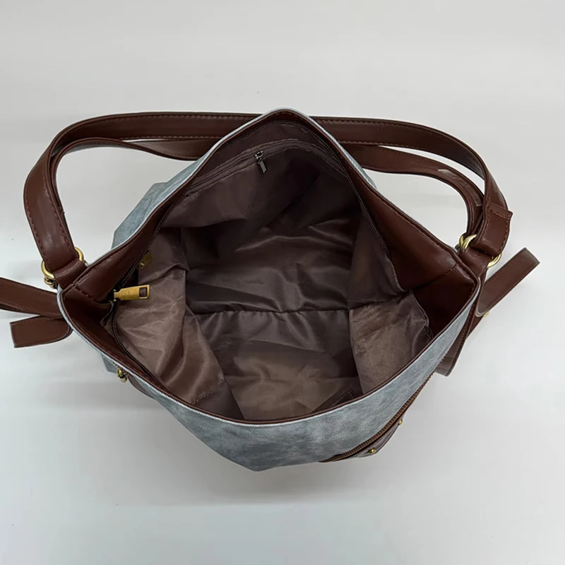 Vintage-Rucksack, Damen-Tragetasche, Retro-Spleiß-Hobo-Umhängetasche, lässige Alltags-Einkaufstasche mit Nieten-Dekor – Detail 3