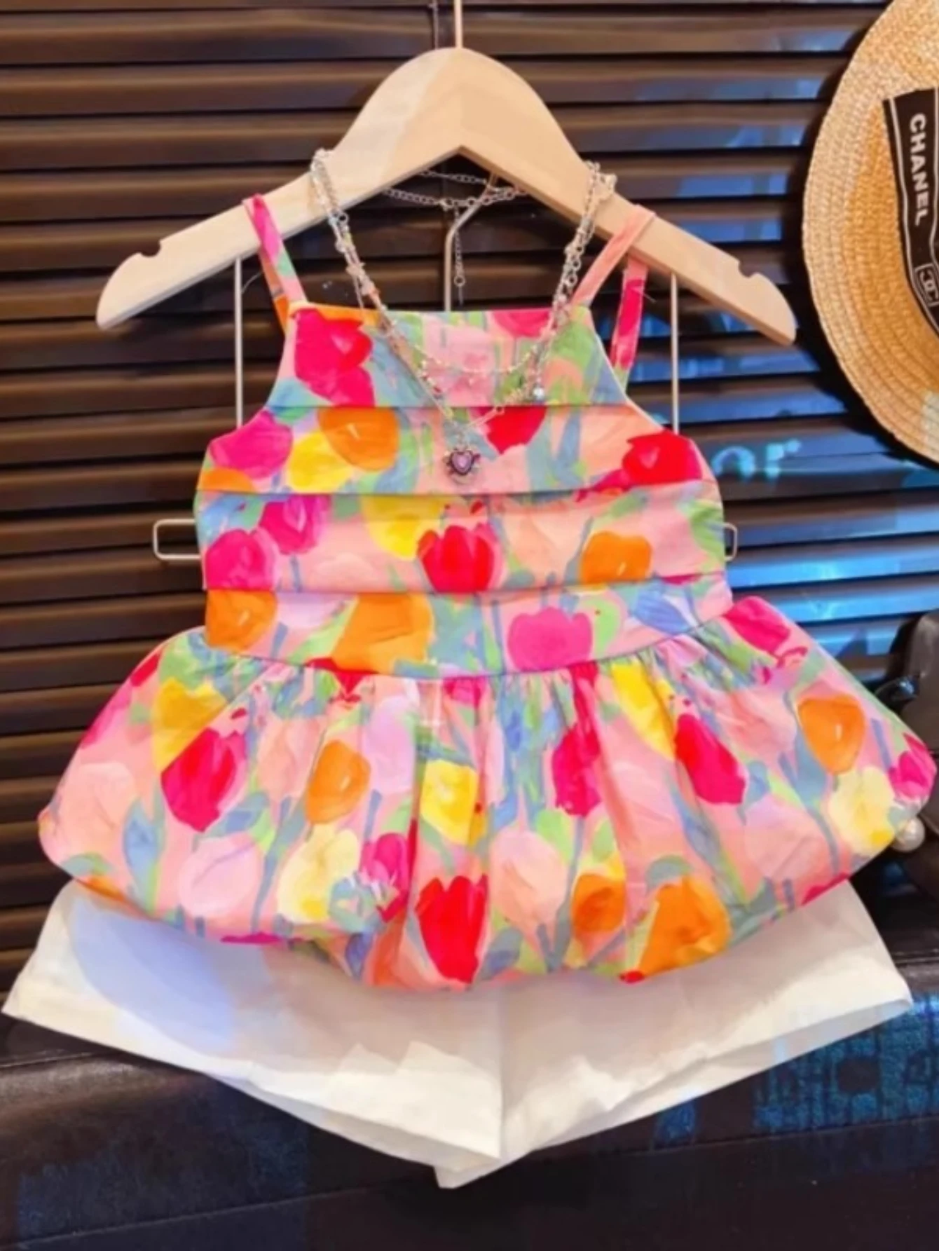 Girls Summer Floral Sleeveless Top & White Shorts Set – Ruffled Bloomer Style Outfit for Kids, Cute Kids Fashion